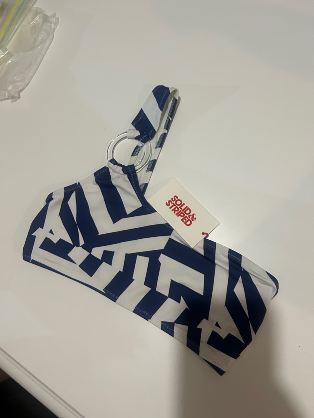 SOLID & STRIPED Navy and White One-Shoulder Ring-Detail Bikini Top